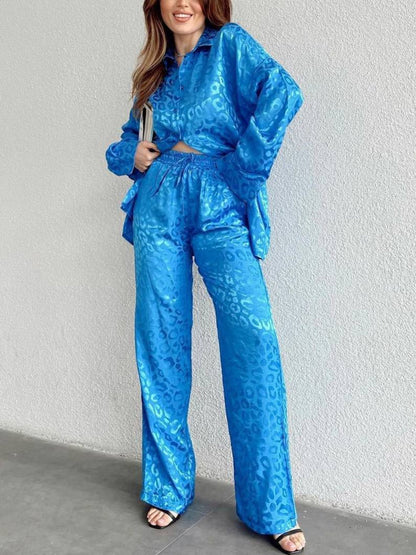 Leopard Print Loose Shirt & Wide Leg Pants Set