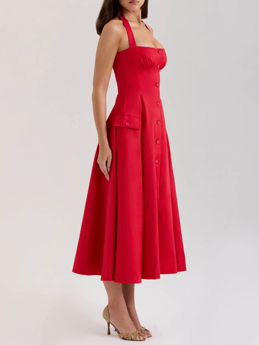 Square Neck Pleated Button Elegant Midi Dress