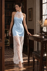 Chic Lace Trim Satin Halter Neck Slim Maxi Dress