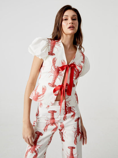 Lobster Print Puff Sleeve Blouse