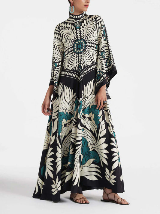 Floral Three-Quarter Sleeve Stand Collar Dress