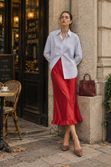 Tencel Ruffle-Hem Midi Skirt