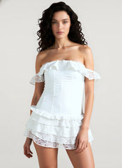 Lace Trim Bow Tie Corset Boned Off Shoulder Mini Dress