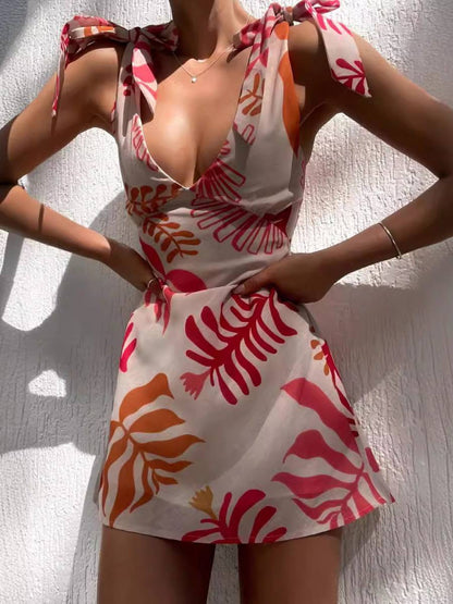 Sexy Floral Tie Mini Dress
