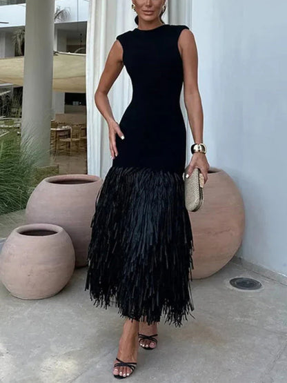Raffia Fringed Elegant Midi Dress