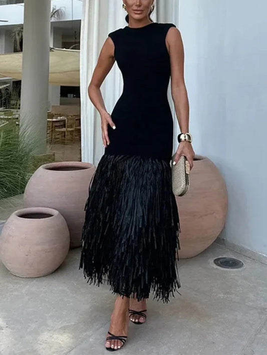 Raffia Fringed Elegant Midi Dress