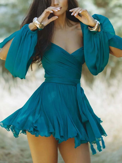 V-Neck Lantern Sleeve Flowy Mini Dress