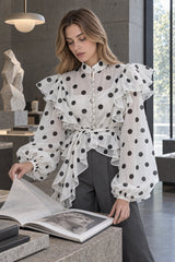 Dot Ruffled Tie Stand Collar Blouse