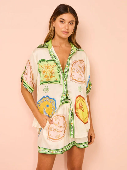 Cream Shirt and Shorts Ethnic Print Set
