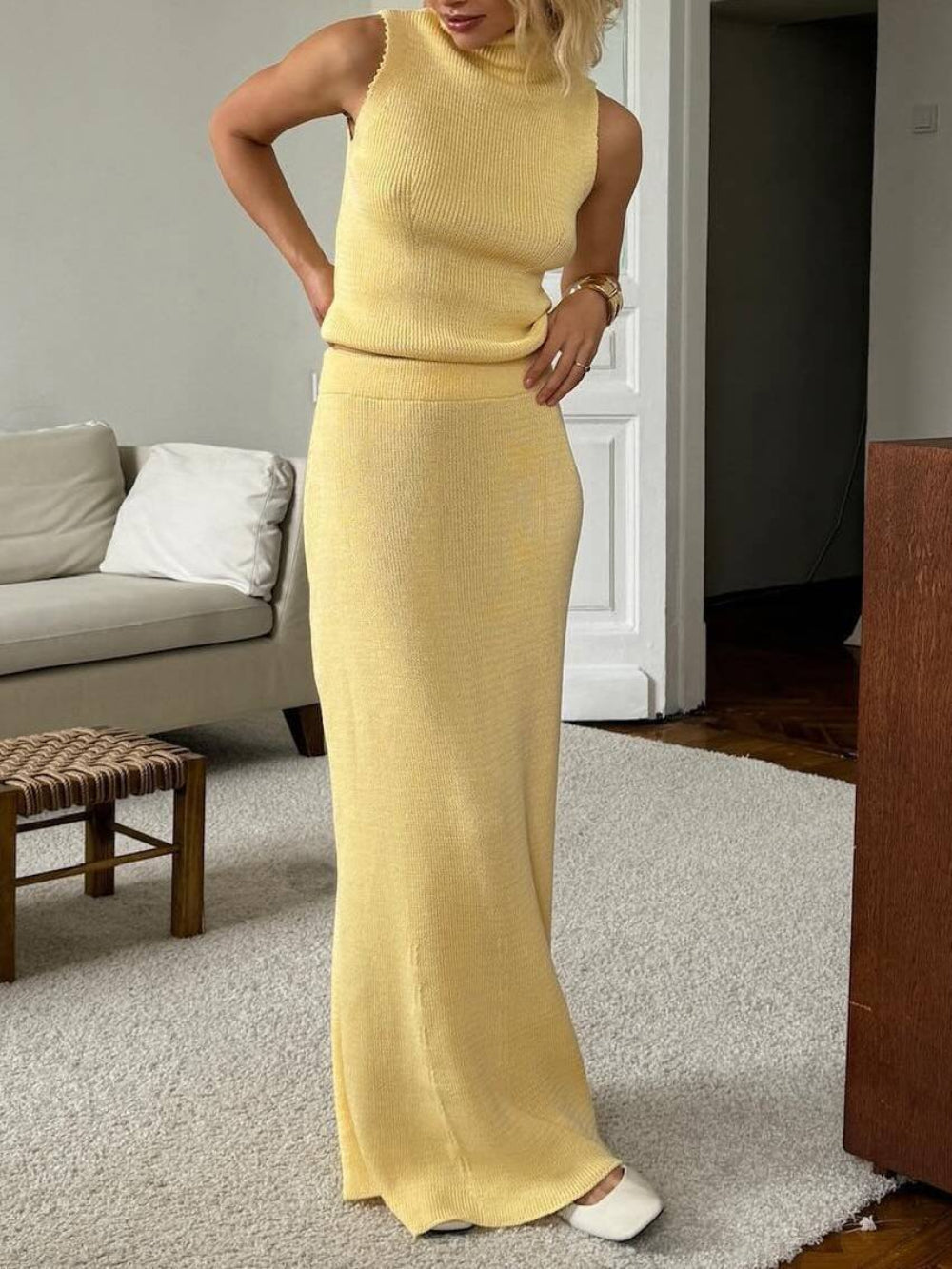 Sleeveless Turtleneck Top with Maxi Skirt