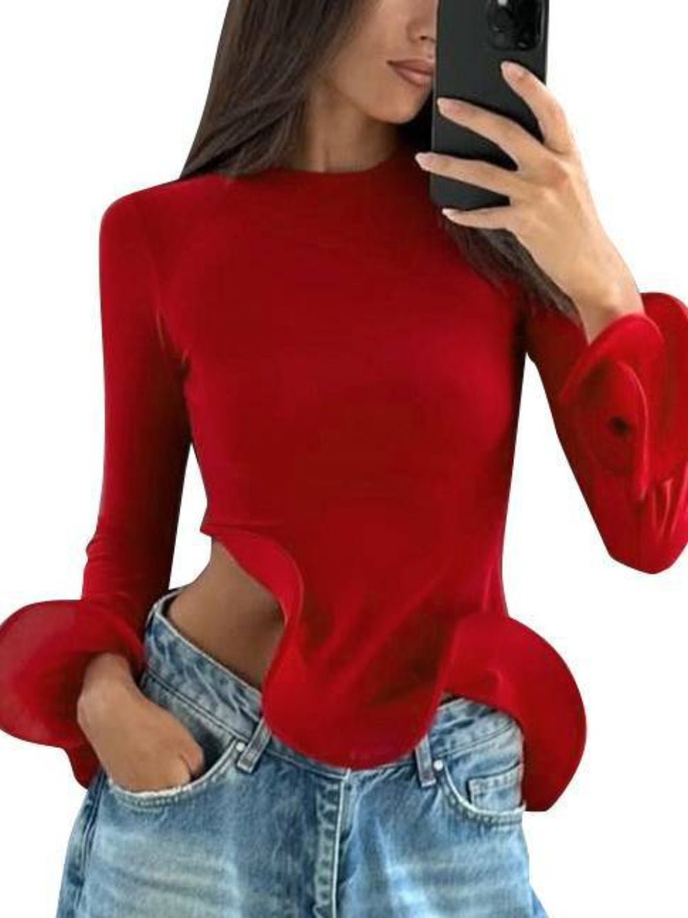 Ruffle Round Neck Long Sleeve Top