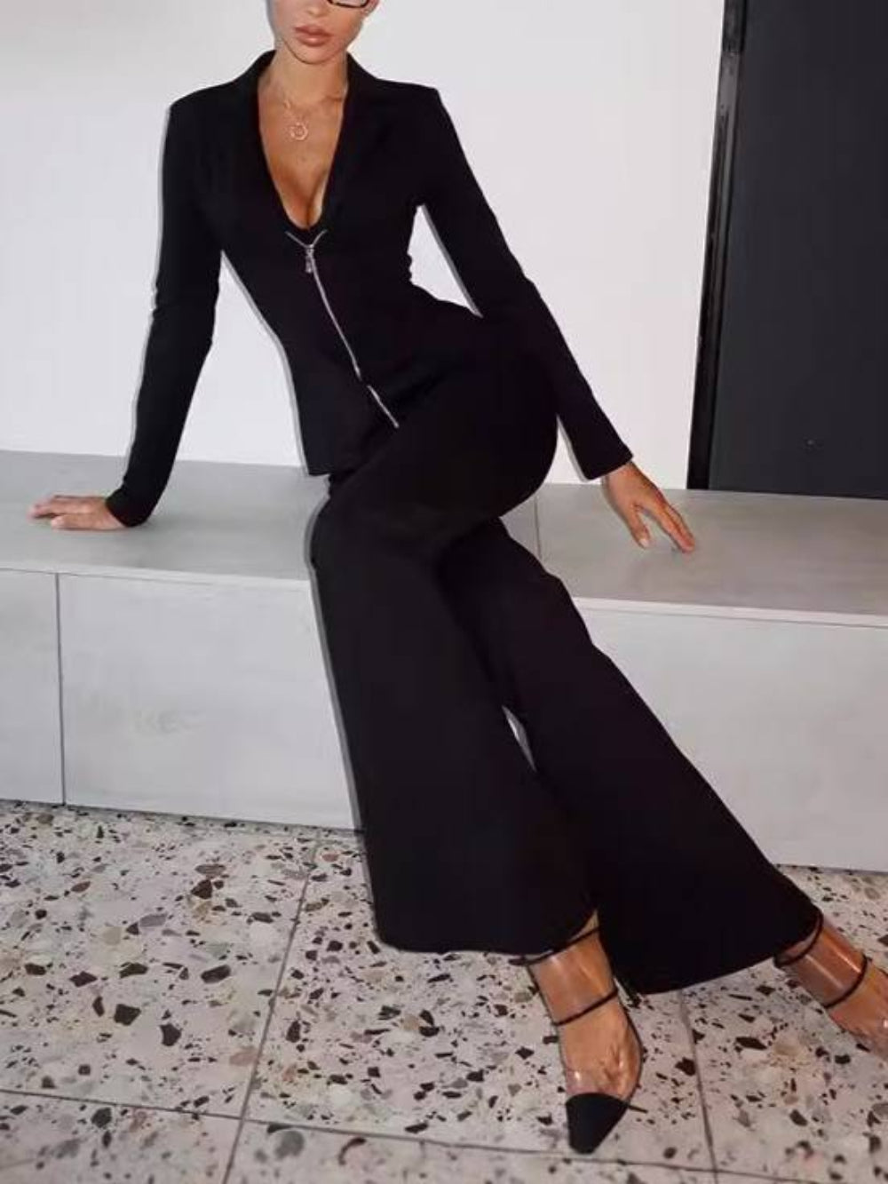 Long Sleeve V-Neck Flared Pants Set