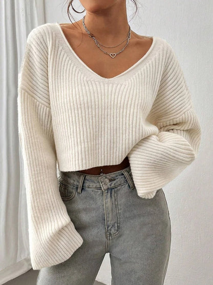 Solid V-Neck 3D Texture Knitted Sweater