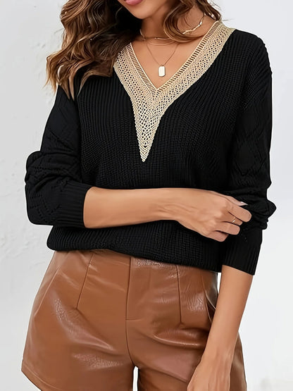 Solid V-Neck Hollow Out Knitted Sweater