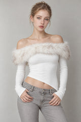 Fuzzy Long Sleeve Off Shoulder Asymmetric Long Sleeve Tee