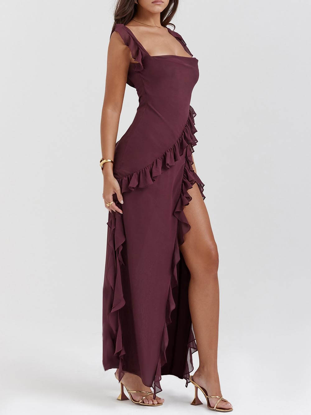 Fashion Sexy Ruffle Trim Color-Block Slit Dress