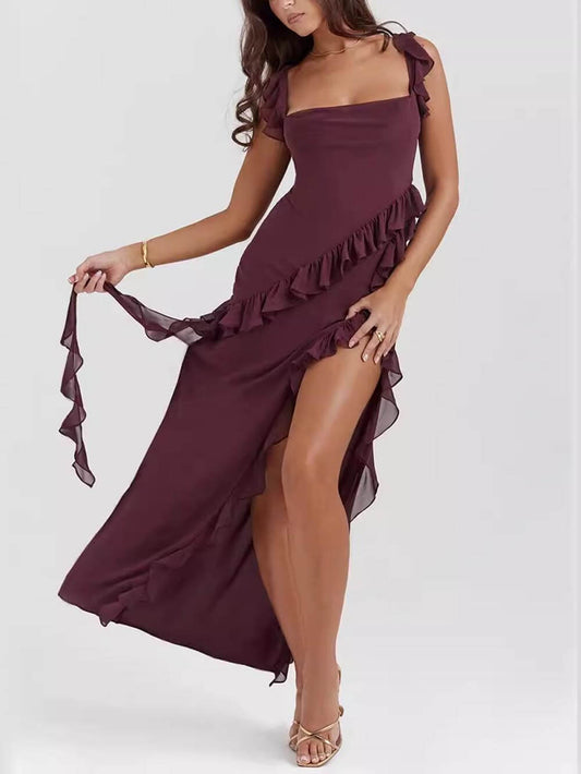 Fashion Sexy Ruffle Trim Color-Block Slit Dress