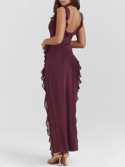 Fashion Sexy Ruffle Trim Color-Block Slit Dress