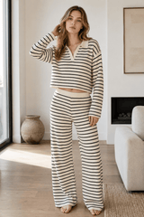 Striped Long Sleeve Pullover Wide Leg Two Piece Set