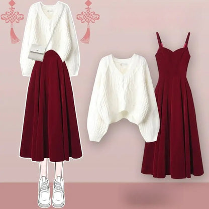 Red Knitted Two-Piece Dress Set
