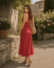 Red Polka Dot V-Neck Halter Backless Maxi Dress