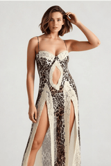 Lace Trim Printed Slit Cami Maxi Dress