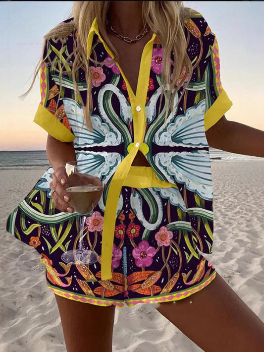 Abstract Swan Print Shorts Set