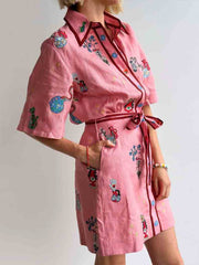 Printed Shirt Collar Single-breasted Mini Dress