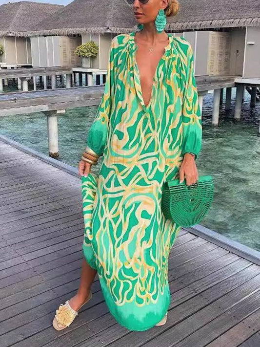 V-Neck Sexy Loose Long Sleeve Floral Dress