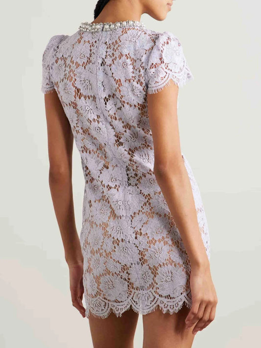Handmade Pearl Round Neck Floral Lace Dress
