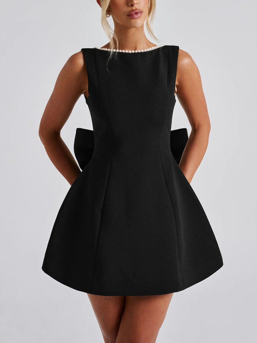Pearl Embellished Bow Detail Mini Dress