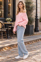 Solid Color V-Neck Cable-Knit Loose Sweater