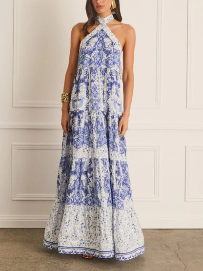 Floral Halter Backless Tie Ruffled Dress