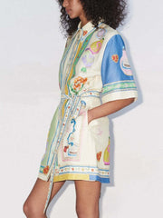 Exquisite Oil Painting Print Lace-Up Cardigan Mini Dress