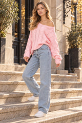 Solid Color V-Neck Cable-Knit Loose Sweater