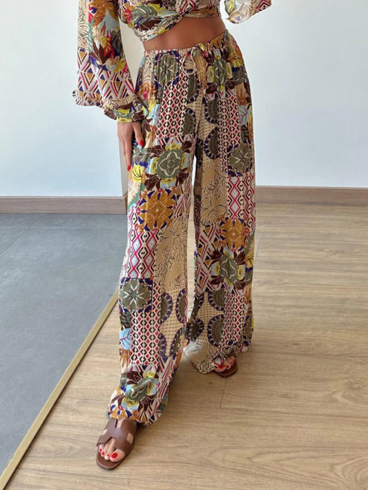 Retro Plant Print High-Waisted Wide-Leg Pants