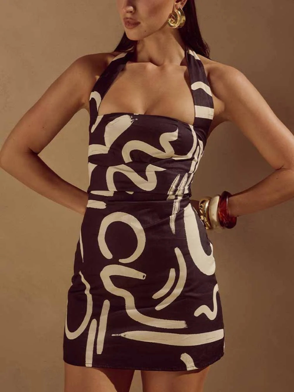 Abstract Print Statement Halter Neck Dress