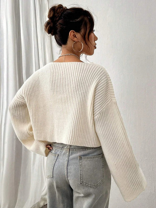 Solid V-Neck 3D Texture Knitted Sweater