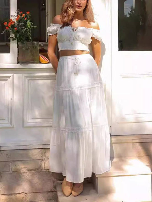Lace Up Bardot Top with Maxi Swing Skirt