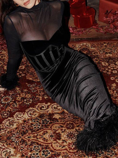 Mesh Patchwork Velvet Detail Corset Dress
