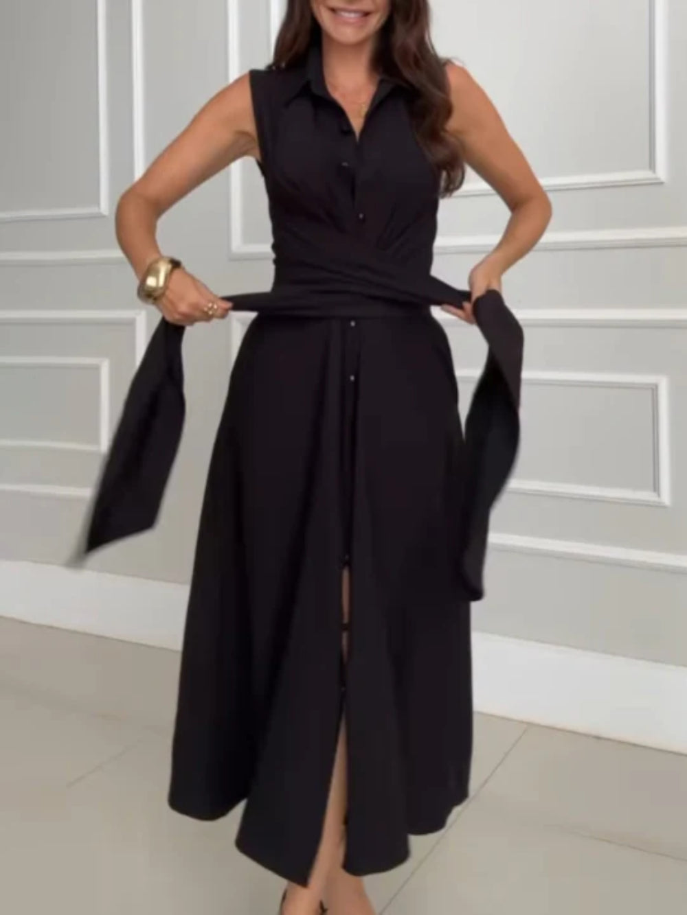 Shirt Style Single-breasted Tie Midi Dress