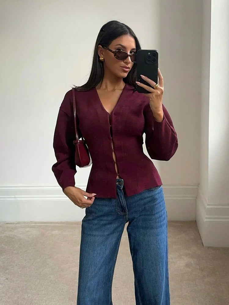 Burgundy V-Neck Slim Knit Cardigan