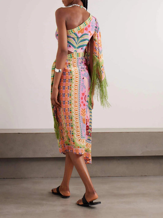 Asymmetric Shoulder Waist Cutout Floral Fringe Slit Dress