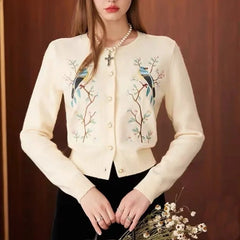 Embroidered O-Neck Knit Cardigan