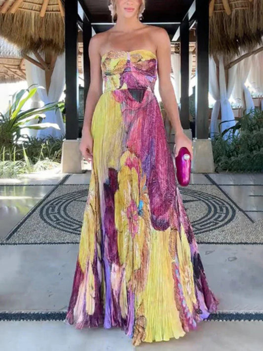 Printed Pleated Sleeveless Dress