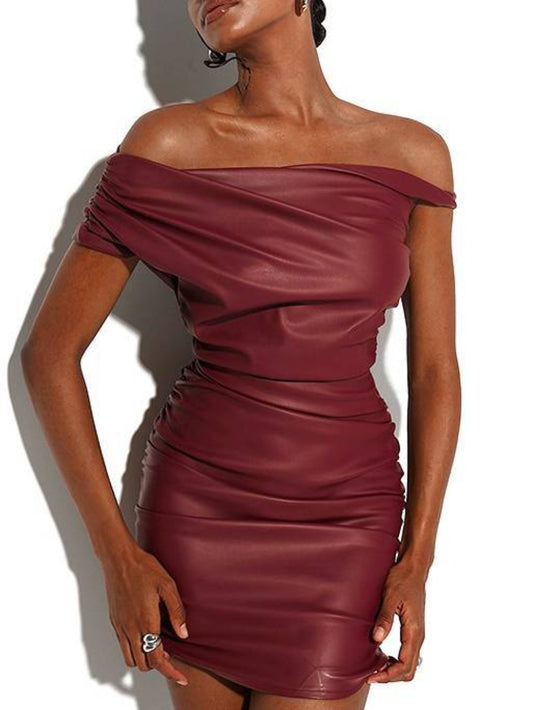 Imitation Leather Asymmetrical Shoulder Fold Mini Dress