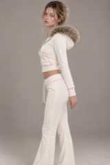 Fur Trim Velvet Crop Hoodie Pants Set