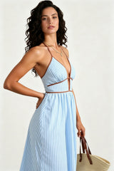 Deep V Neck Striped Backless Maxi Dress