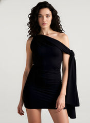 Elegant Tie Strap Asymmetric Neck Ruched Bodycon Mini Dress