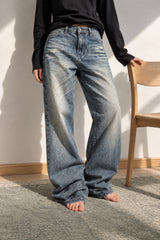 Embroidered Slouchy Straight Denim Trousers